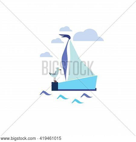 Simple Modern Boat Yacht Mainsail Intersect With Ocean Water Wave Bellow