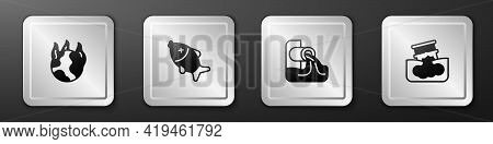 Set Global Warming Fire, Dead Fish, Wastewater And Barrel Oil Leak Icon. Silver Square Button. Vecto