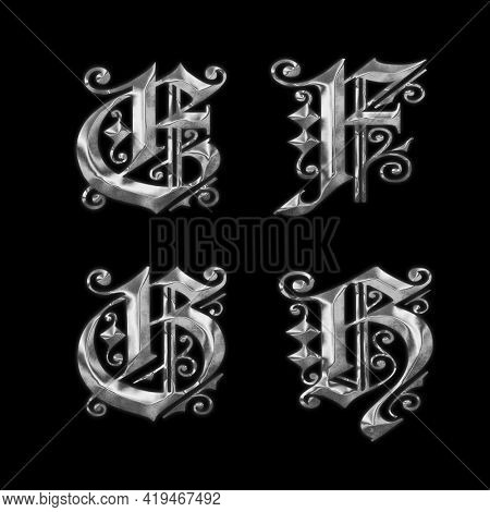 3D rendering of old Gothic metal capital letter alphabet - letters E-H
