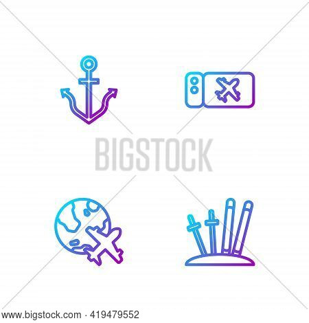 Set Line Ski And Sticks, Globe With Flying Plane, Anchor And Airline Ticket. Gradient Color Icons. V