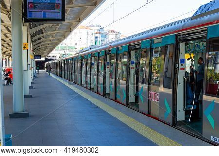 Istanbul, Turkey - October 10, 2019: Marmaray Train With Open Doors On Outdoor Metro Station In Ista