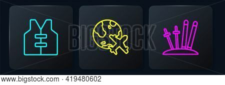 Set Line Life Jacket, Ski And Sticks And Globe With Flying Plane. Black Square Button. Vector