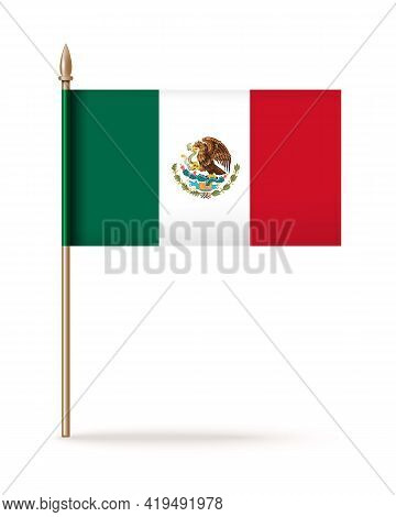 The National Flag Of Mexico. Mexican Tricolor Icon. Mexican Flag On A Golden Flagpole. Vector Illust