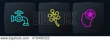 Set Line Water Tap, Human Head With Flower Inside And Blossom Tree Branch. Black Square Button. Vect