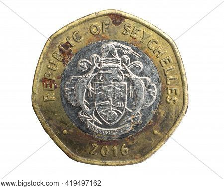 Seychelles Ten Rupees Coin On A White Isolated Background