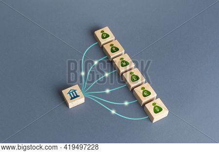 Linked Blocks Bank And Currencies Money Bags. Bank Financial Institution Manages Cash, Deposits And 