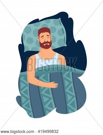 Good Sleep Rules And Man Sleeps On Pillow Vector Illustration. Template Healthy Sleep. Good Night Re