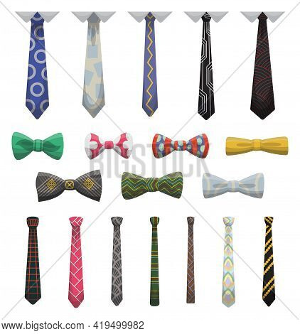 Collection Of Ties And Bow Ties. Men Fashioned Accessories. Clothes Design Element Over Isolated On 