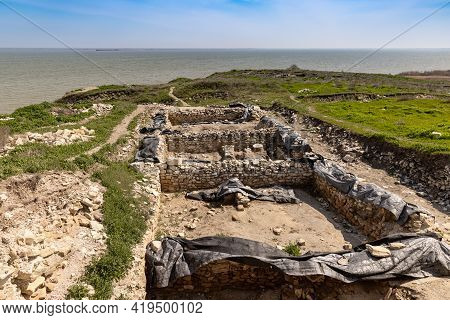 Excavated Ruins Of The Argamum Fortress In Jurilovca, Dolosman Cape, Tulcea County, Dobrogea, Romani