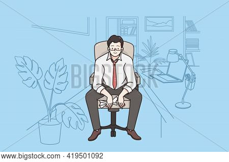 Businessman Working In Office Concept. Young Positive Businessman Cartoon Character Sitting On Chair