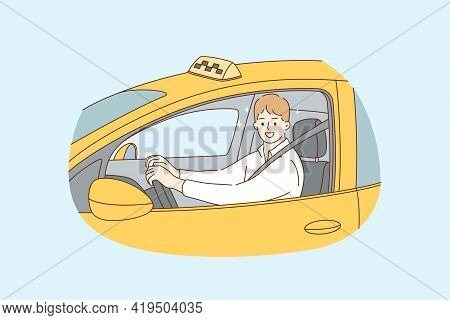 Taxi Driver Profession During Work Concept. Young Smiling Handsome Man Taxi Driver Sitting In Yellow