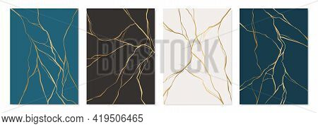 Set Of Gold Kintsugi Poster Design. Japanese Art Of Repairing Broken Pottery. Vector Crack Pattern F