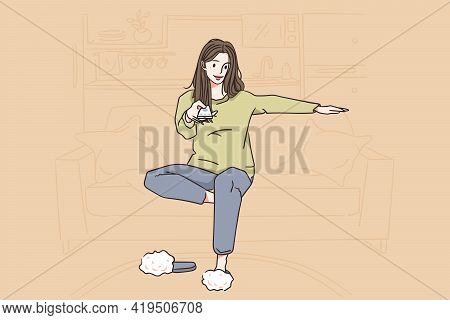 Relaxation And Leisure At Home Concept. Young Happy Woman In Pajama Cartoon Character Sitting And Ch