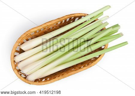 Fresh Lemongrass In Wicker Basket Isolated On White Background With Clipping Path And Full Depth Of 