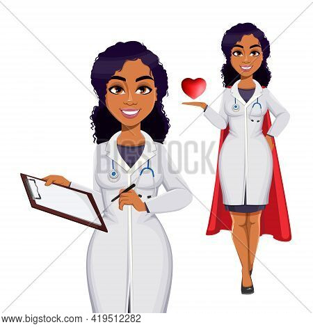Medicine And Pandemic Concept. African American Female Doctor Wearing White Coat With Stethoscope. A