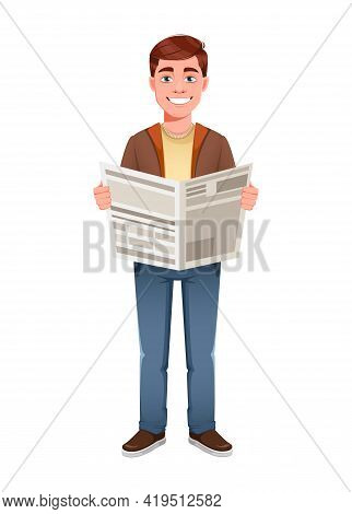 Handsome Business Man Reading Fresh Newspaper. Young Businessman Cartoon Character In Flat Style. St