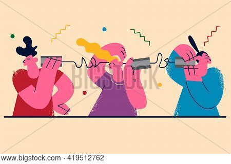 Problems In Communication Between People Concept. Group Of Funny Looking People Men And Women Having