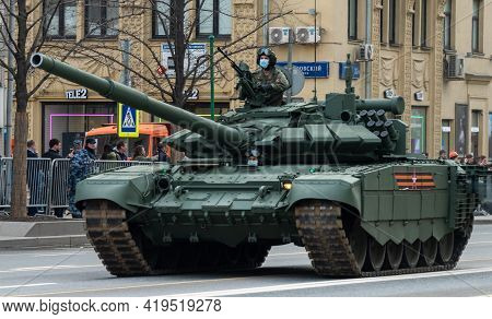 April 30, 2021 Moscow, Russia. Russian T-72b3 Main Battle Tank On Tverskaya Street In Moscow.