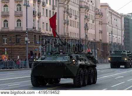 April 30, 2021 Moscow, Russia. Russian Armored Personnel Carrier Btr-82a On Tverskaya Street In Mosc