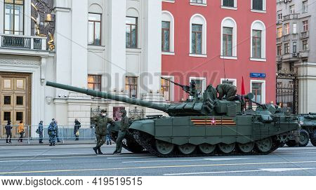 April 30, 2021 Moscow, Russia. Russian T-72b3 Main Battle Tank On Tverskaya Street In Moscow.