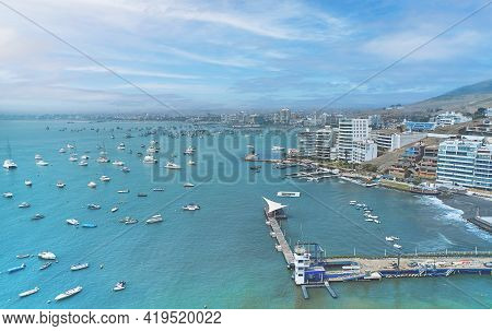Aerial View Of The Bay, Marina And Buildings Of Ancon - Lima, Peru; Summer Area, The Beach And Some 