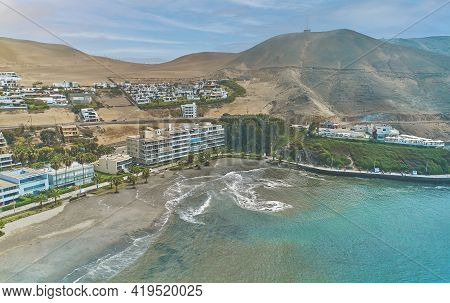 Aerial View Of The Bay, Marina And Buildings Of Ancon - Lima, Peru; Summer Area, The Beach And Some 