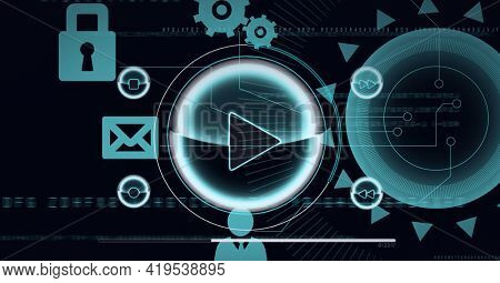 Animation of scopes scanning and icons on black background. global technology and digital interface concept digitally generated image.