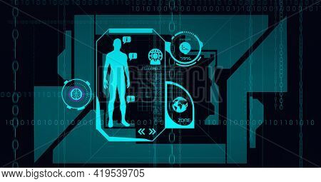 Animation of scopes scanning, human model and binary coding over screen on black background. global science, medicine, technology and digital interface concept digitally generated image.
