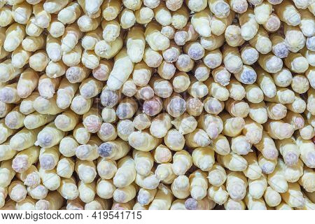 Head Of Fresh Aspargus At The Food Market In Detail