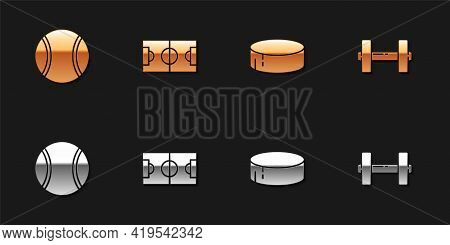 Set Tennis Ball, Football Or Soccer Field, Hockey Puck And Dumbbell Icon. Vector