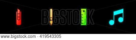 Set Stationery Knife, Paint Brush, Ruler And Music Note, Tone Icon. Vector
