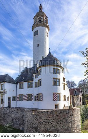 Donjon Of Old Hoechst Castle In Frankfurt Under Blue Sky