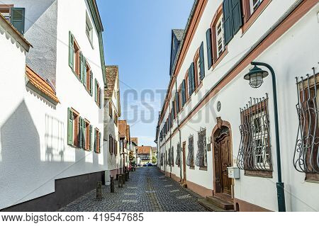 Old Narrow Street In Hochheim, Hesse, Germany At The Rheingau Wine Route