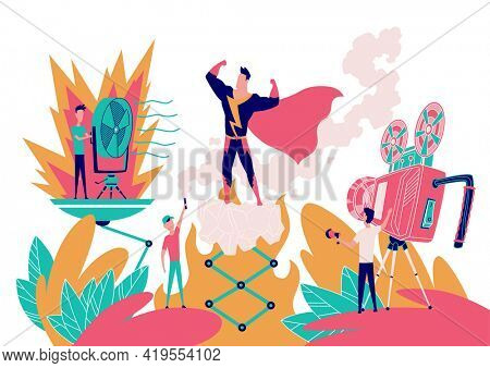 Superhero films. Movie shooting and production process. Superhero movie making, cartoon characters in stages of film production shooting in studio