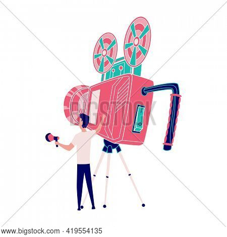 Operator with camera and horn. Superhero films. Movie shooting and production process. Superhero movie making, cartoon characters in stages of film production shooting in studio