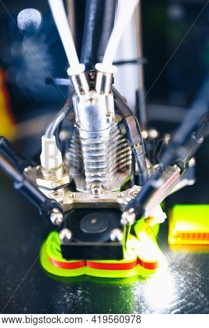 3d printer head in action, close-up view