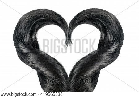Black Hair In Shape Of Heart Isolated On White. Curly Black Hair Strands Forming Love Sign, Haircut,