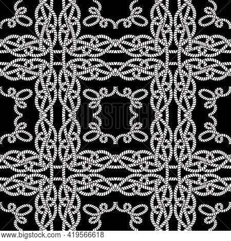 Ropes And Strings Seamless Pattern. Black And White Vector Background. Repeat Plaid Tartan Knitted O