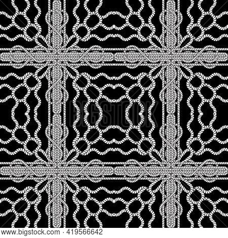 Ropes And Strings Seamless Pattern. Black And White Vector Background. Repeat Plaid Tartan Knitted O