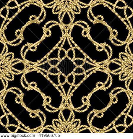 Ropes Seamless Pattern. Floral Ornamental Vector Background. Repeat Decorative Gold Strings Ornament