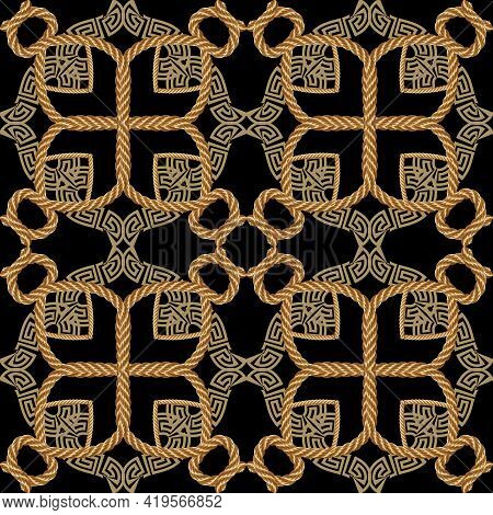 Ropes Seamless Pattern. Modern Ornamental Vector Greek Background. Repeat Decorative Gold Strings Or