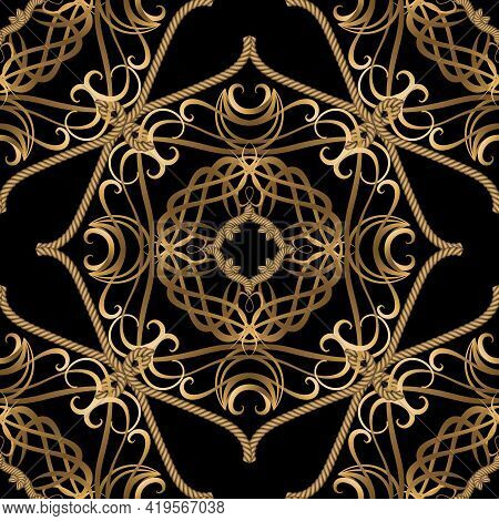 Textured Luxury Seamless Pattern. Vintage Ornamental Ropes Background. Vector Gold Strings And Ropes