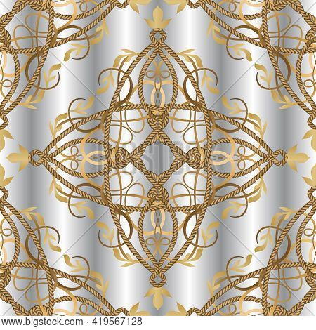 Textured Luxury Light Seamless Pattern. Vintage Ornamental Ropes Silver Background. Vector Gold Stri