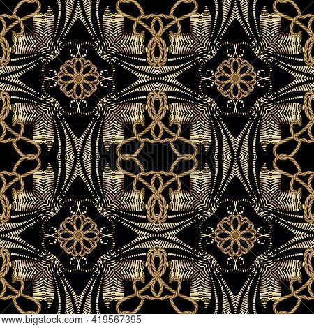 Textured Luxury Seamless Pattern. Vintage Ornamental Ropes Background. Vector Gold Strings And Ropes