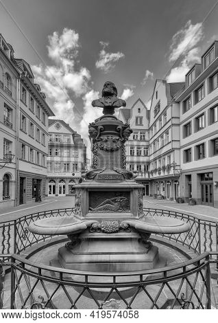 Stoltze Fountain At The Chicken Market In The Reconstructed Historic Old Town, Frankfurt, Germany