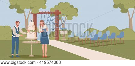 Wedding Planners Preparing Outdoor Scene For Wedding Ceremony Vector Flat Illustration. Man And Woma
