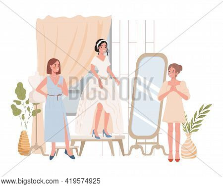 Happy Smiling Bride Trying On Wedding Dress Vector Flat Illustration. Bride With Her Friends Or Dres