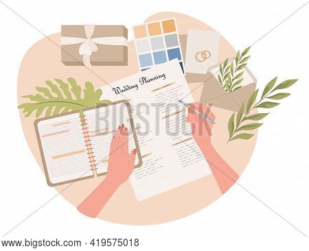 Wedding Planning Vector Flat Illustration. Woman Hands Writing Notes In Notebook About Wedding Cerem