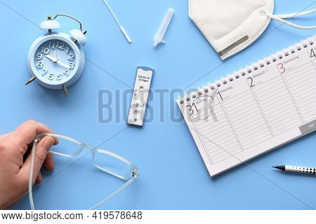Fast Corona Test, Calendar, Medical Mask. Schnelltest Means Rapid Coronavirus Test, Selbsttest - Cov