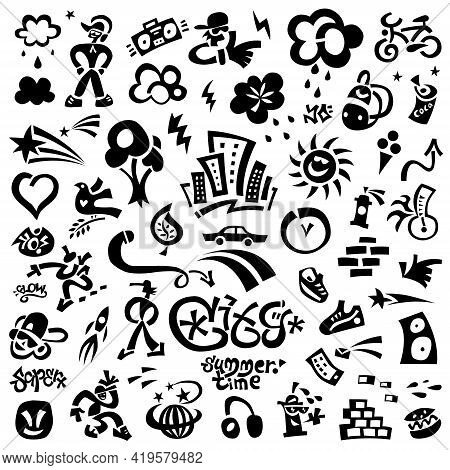 Summer City Life Doodle Set, Vector Design Elements